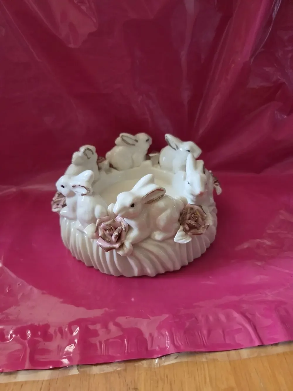 Vintage Cream Ceramic Large Candleholder Rabbits In A Circle W/Pink Rose Easter